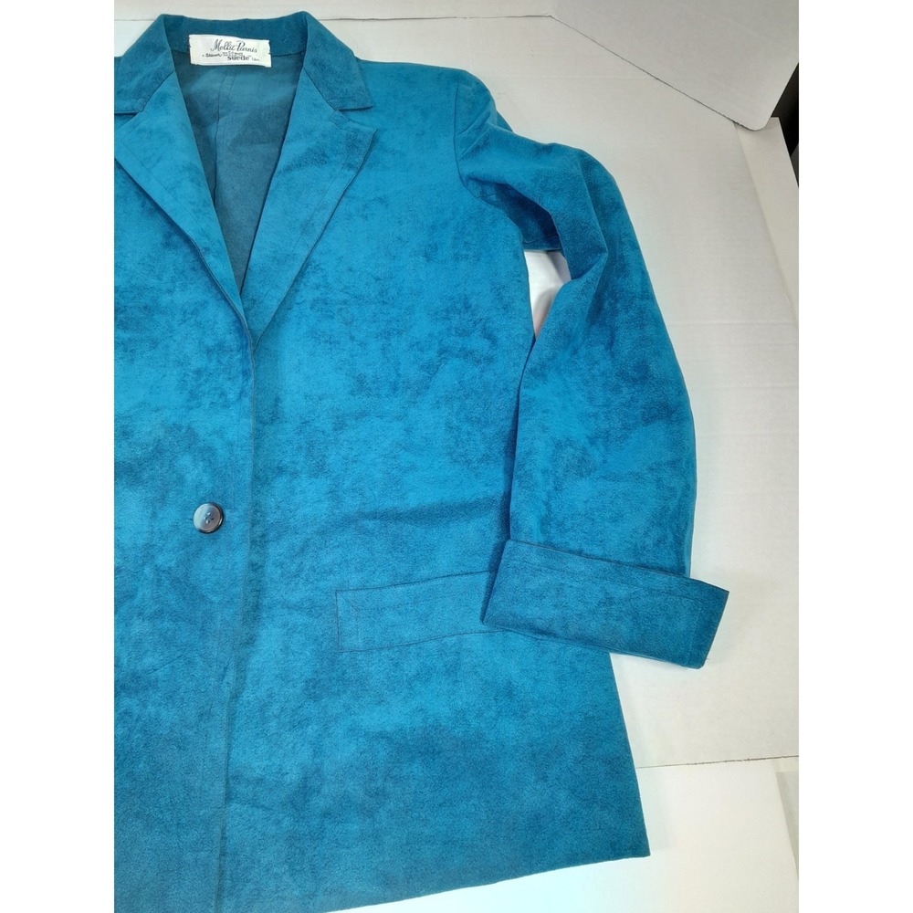 Vtg 70s Mollie Parnis Suede One Button Blazer W Belt Blue 18.5 X 26.5 USA Made - Picture 3 of 10